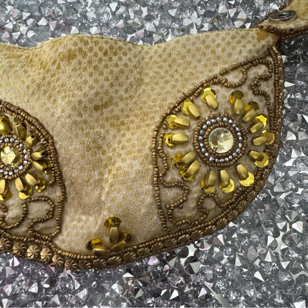 Bag Folded Handmade India-Gold Sequin Beads/Rhinestones/Wristlet/Purse/Bag round - Picture 11 of 12